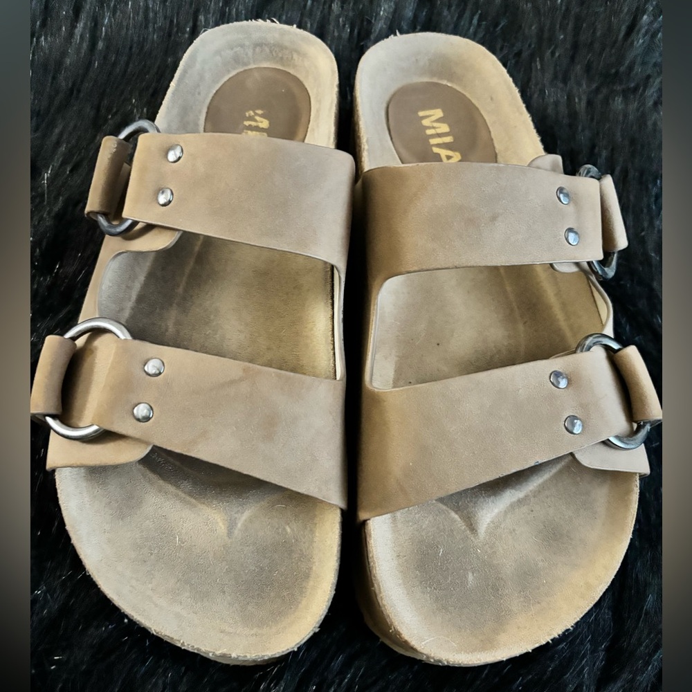 EUC MIA Brown Platform Sandals with Buckle Detail, Size 8